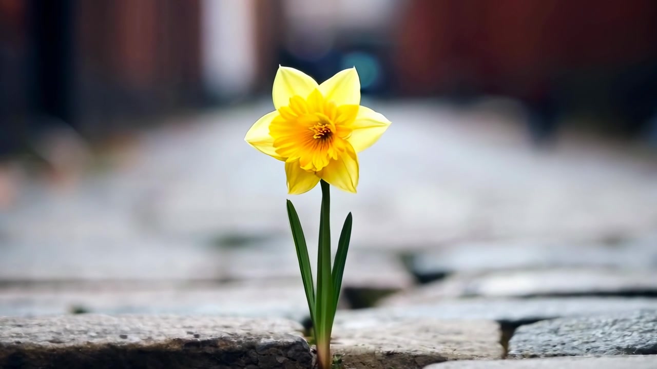 一朵黃色水仙花穿過鵝卵石街道生長