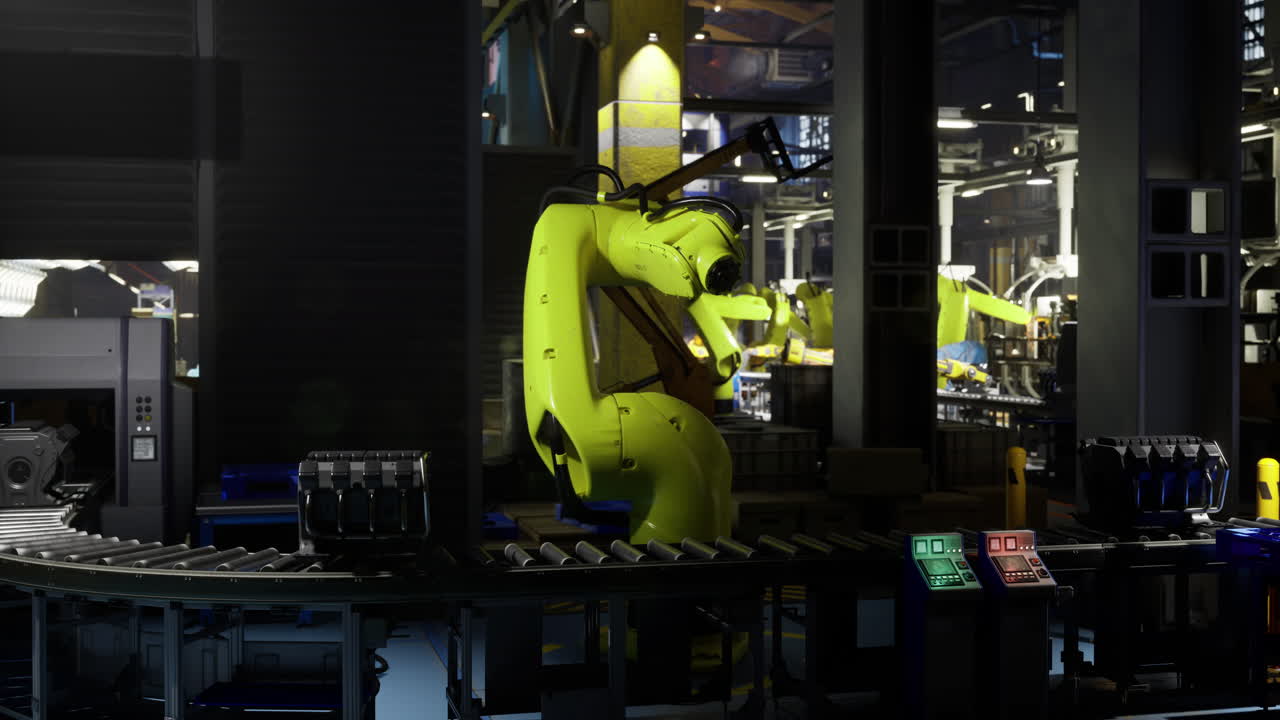 Robotic arm assembling products in a modern factory environment
