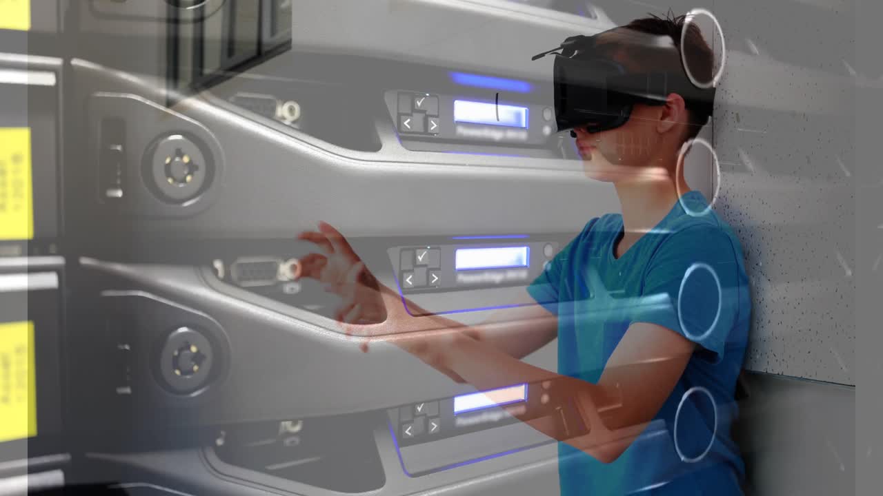Animation of computer server over schoolboy wearing vr headsets