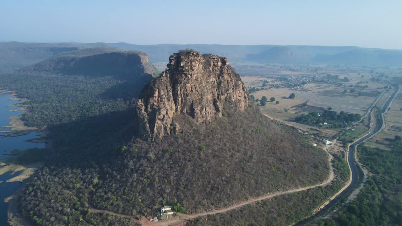 Aerial drone capture of the Karamchat Dam reservoir, showcasing its significance for irrigation and water supply.