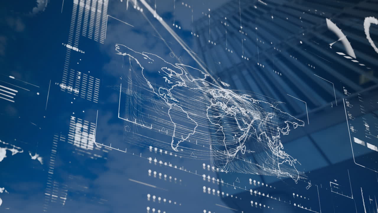 높은 건물의 낮은 각도 뷰에 대한 세계 지도에 대한 데이터 처리 인터페이스의 애니메이션