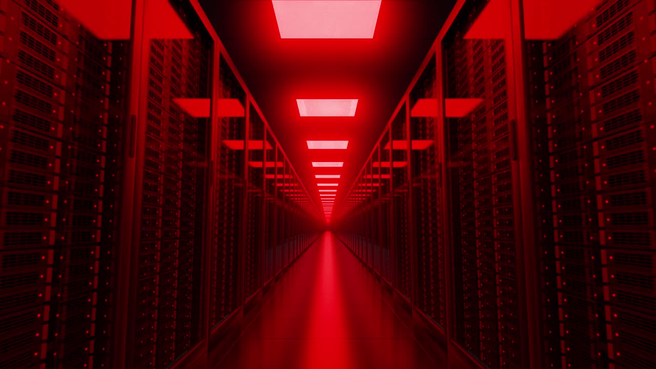 Hacked servers racks in database illuminated with red lights