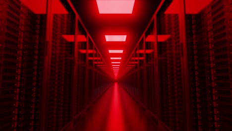 Hacked servers racks in database illuminated with red lights
