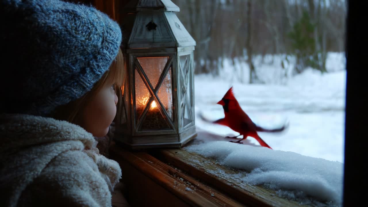 A Child's Enchantment: The Magical Moment of a Young Girl Watching a Vibrant Cardinal by the Light of a Lantern During a Snowy Winter Afternoon
