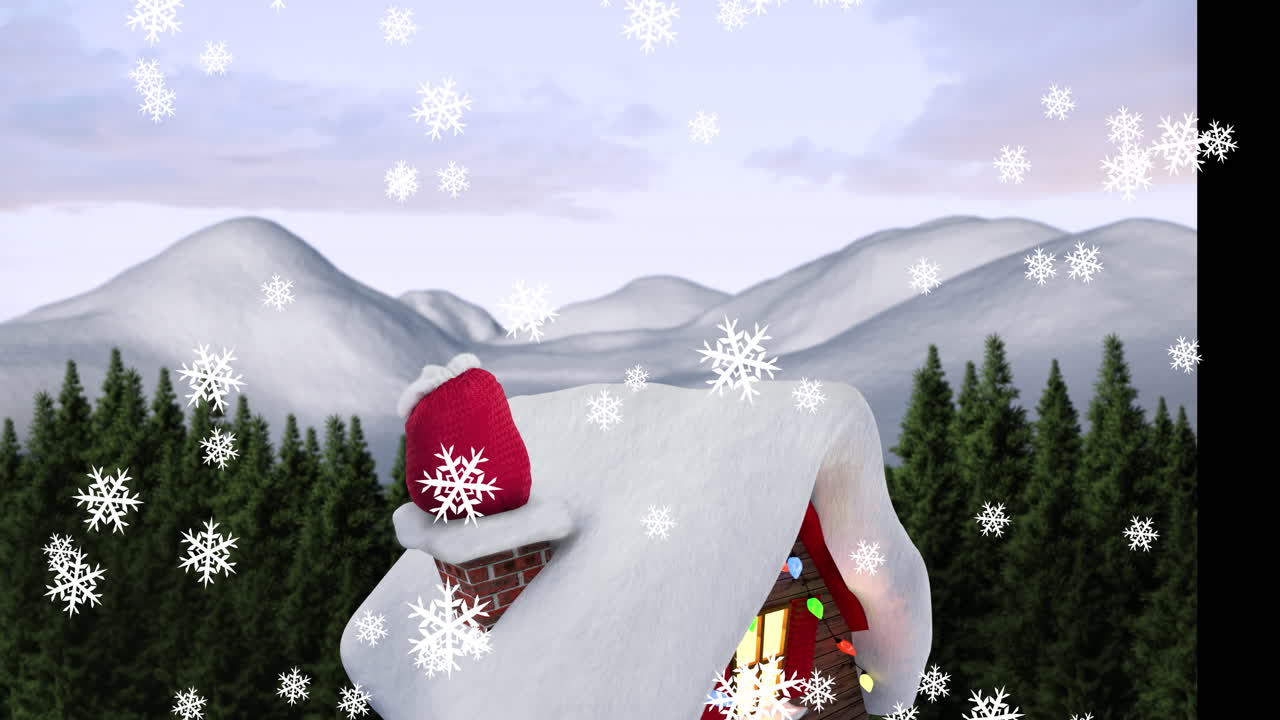 겨울 풍경에서 여러 나무에 맞서 집 위에 떨어지는 눈송이