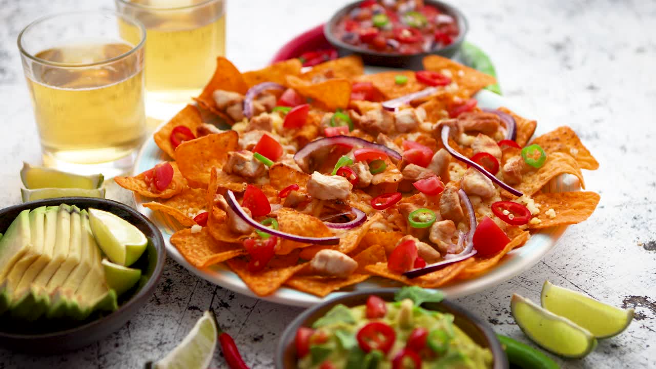 un plato de deliciosos nachos de tortilla con salsa de queso derretido pollo a la parrilla