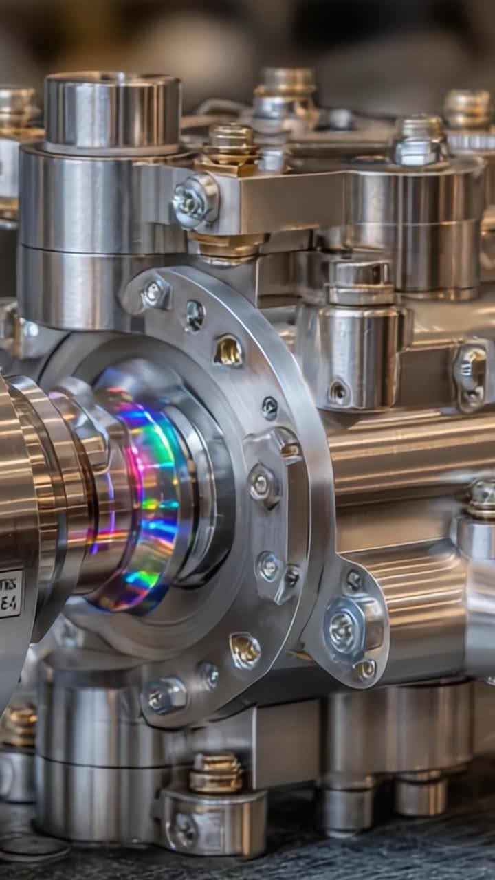 Detailed Close-Up of a Precision Engine Component Showcasing Intricate Machinery and Colorful Reflections from High-Performance Engineering Design