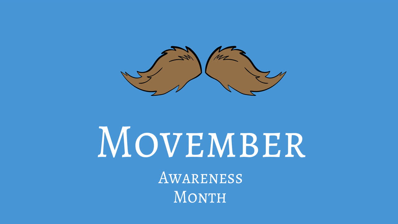 Animation of movember awareness month text and moustache over blue background