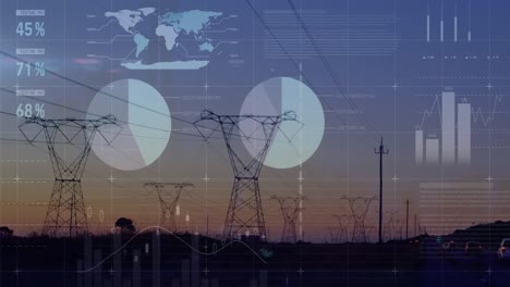 animation of statistical data processing over network towers against sunset sky