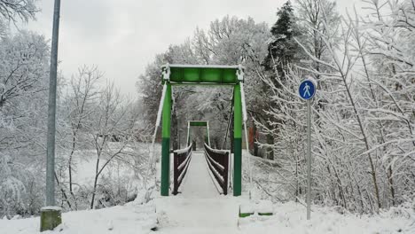 Volando-Hacia-Un-Puente-Peatonal-Verde-Rodeado-De-árboles-Desnudos-En-Un-Paisaje-Invernal-Nevado---Disparo-De-Drones