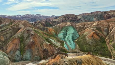 aerial drone wide orbit view over grænihryggur valley and the green rock in landmannalaugar, iceland, showcasing medium tones of orange and green