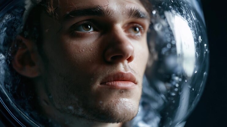 A Close-Up Portrait of an Astronaut in a Helmet, Capturing the Intense Emotion and Curiosity Reflected in His Eyes, Signifying the Exploration of Space and Human Experience
