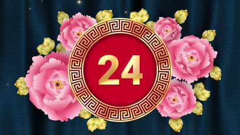 thirty seconds to zero (30-0) asian style digital countdown timer on dark blue wavy background with pink flowers for chinese new year countdown concept