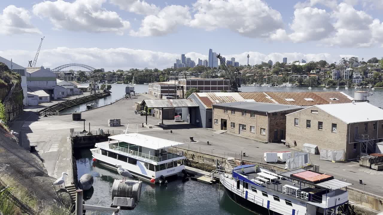 Seagulls looking over the docks on the historical industrial Cockatoo Island in Sydney harbour, Australia