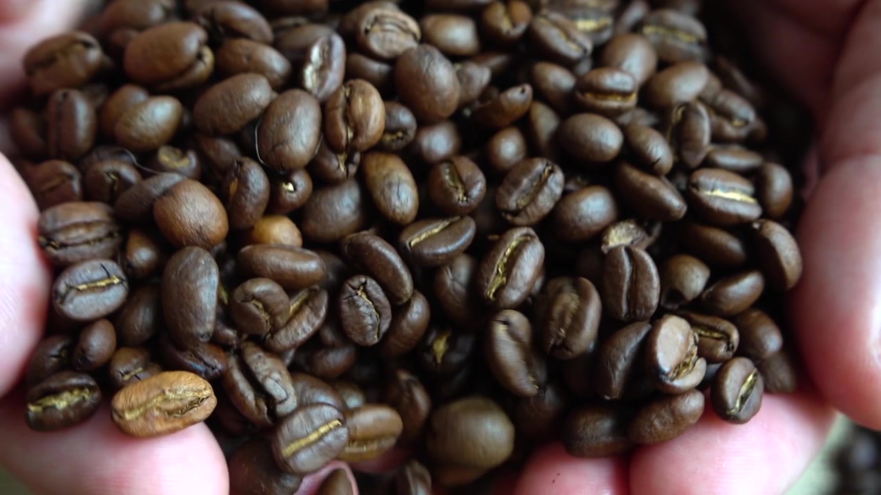 Chicchi di caffè sul sacco. Rallentatore.