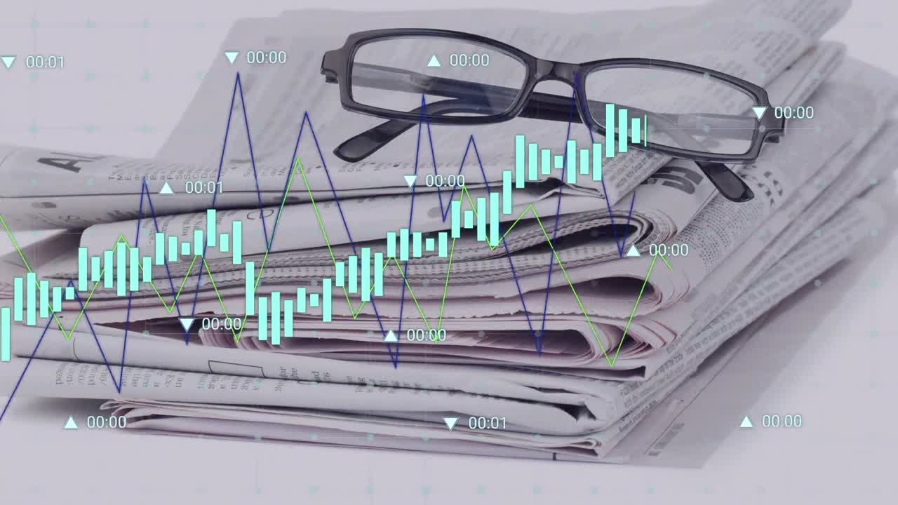 Animazione di più grafici e di una bacheca di trading sopra occhiali appoggiati su giornali, sullo sfondo.