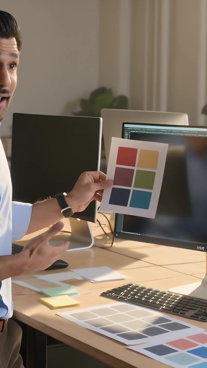 Video verticale: Designer con camicia blu che prende un campione di colore, abbina i colori al monitor, con spazio per il testo