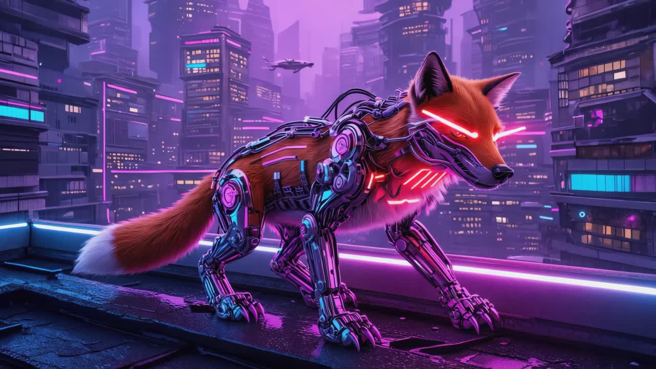 Robot Volpe Cyberpunk in una Città Futuristica