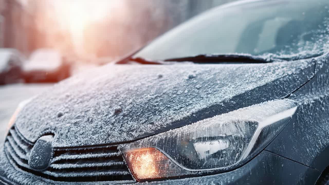 A Frost-Covered Vehicle in Sparkling Morning Light Captured on a Cold Winter Day Showcasing the Beauty of Nature's Ice and Twilight
