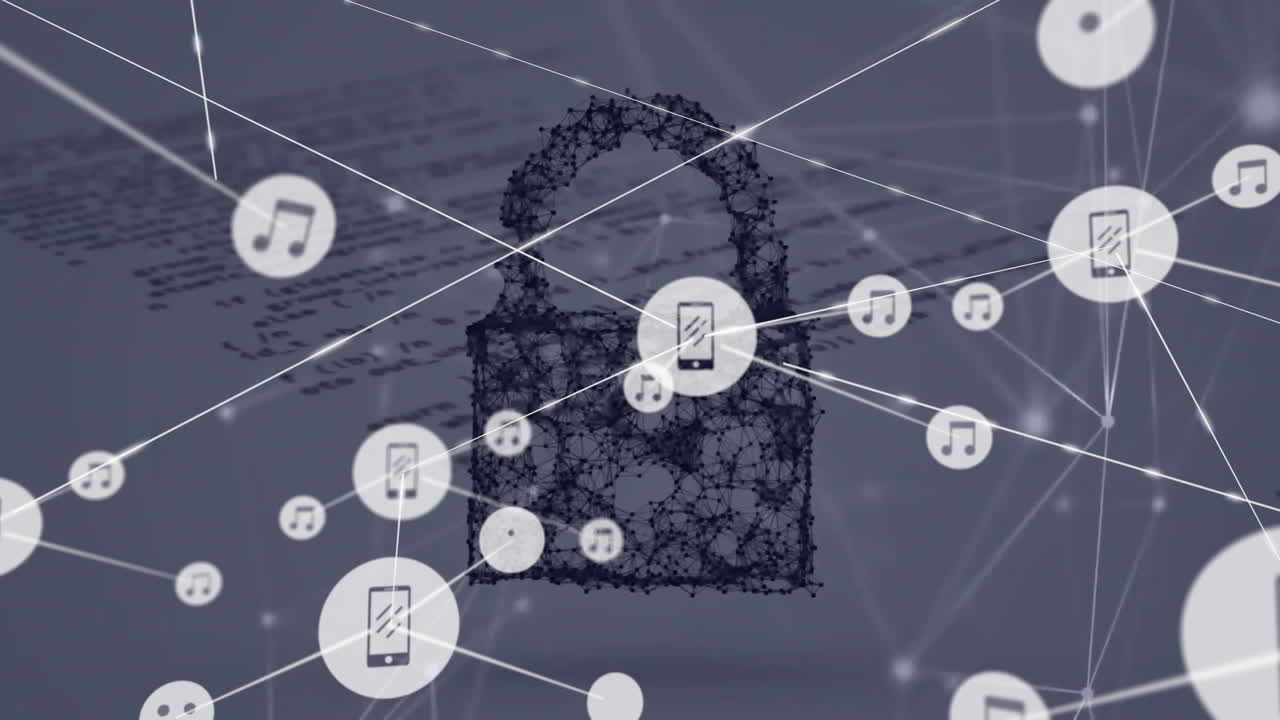 animación de la red de conexiones con iconos y procesamiento de datos a través de un candado