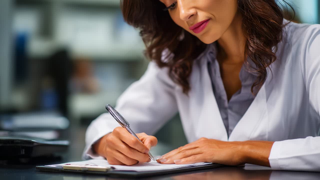 Focused Professional in a White Coat Diligently Writing on a Clipboard, Displaying Commitment and Precision in Her Work, Set Against a Modern, Organized Workspace with Blurred Background Elements