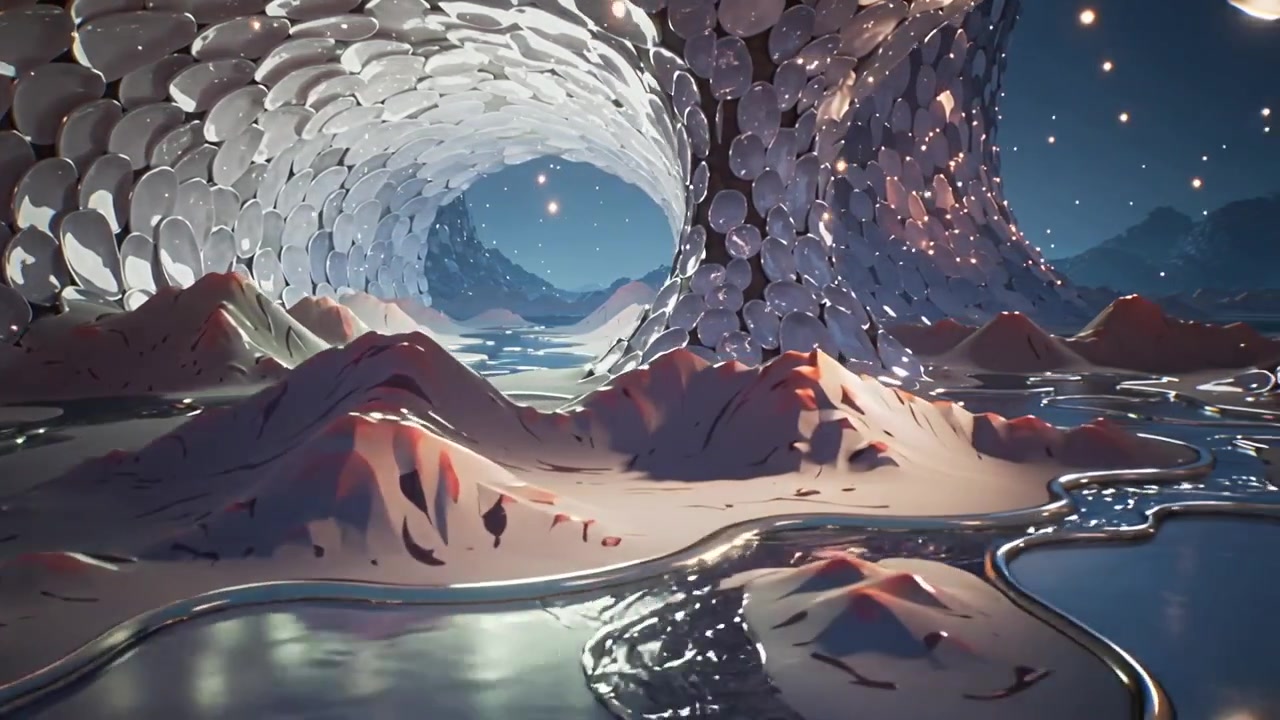 Pulling camera back and panning through central tiled tunnel, revealing pools, ribbons, particles