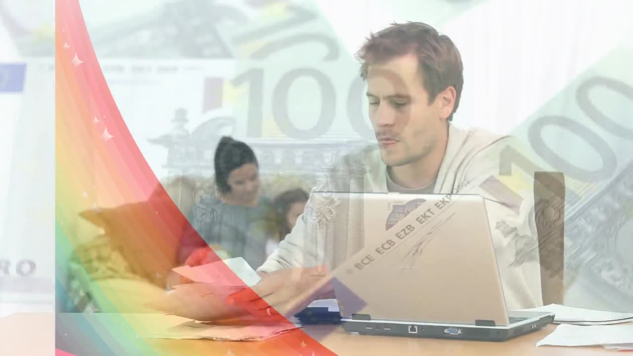 animación de billetes y formas sobre una pareja caucásica contando dinero.