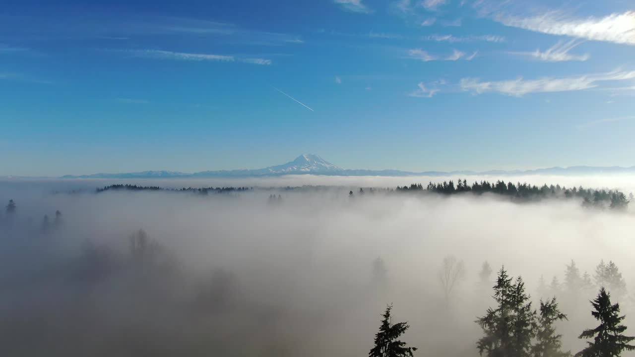 푸른 하늘과 산을 배경으로 안개 낀 들판 위로 이른 아침 드론 비행