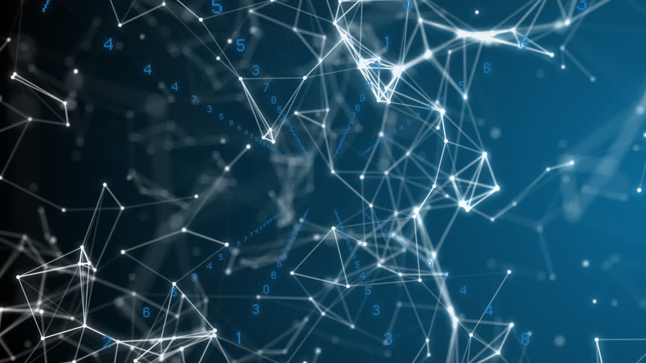 Animation of connected dots forming abstract shapes over changing numbers on blue background