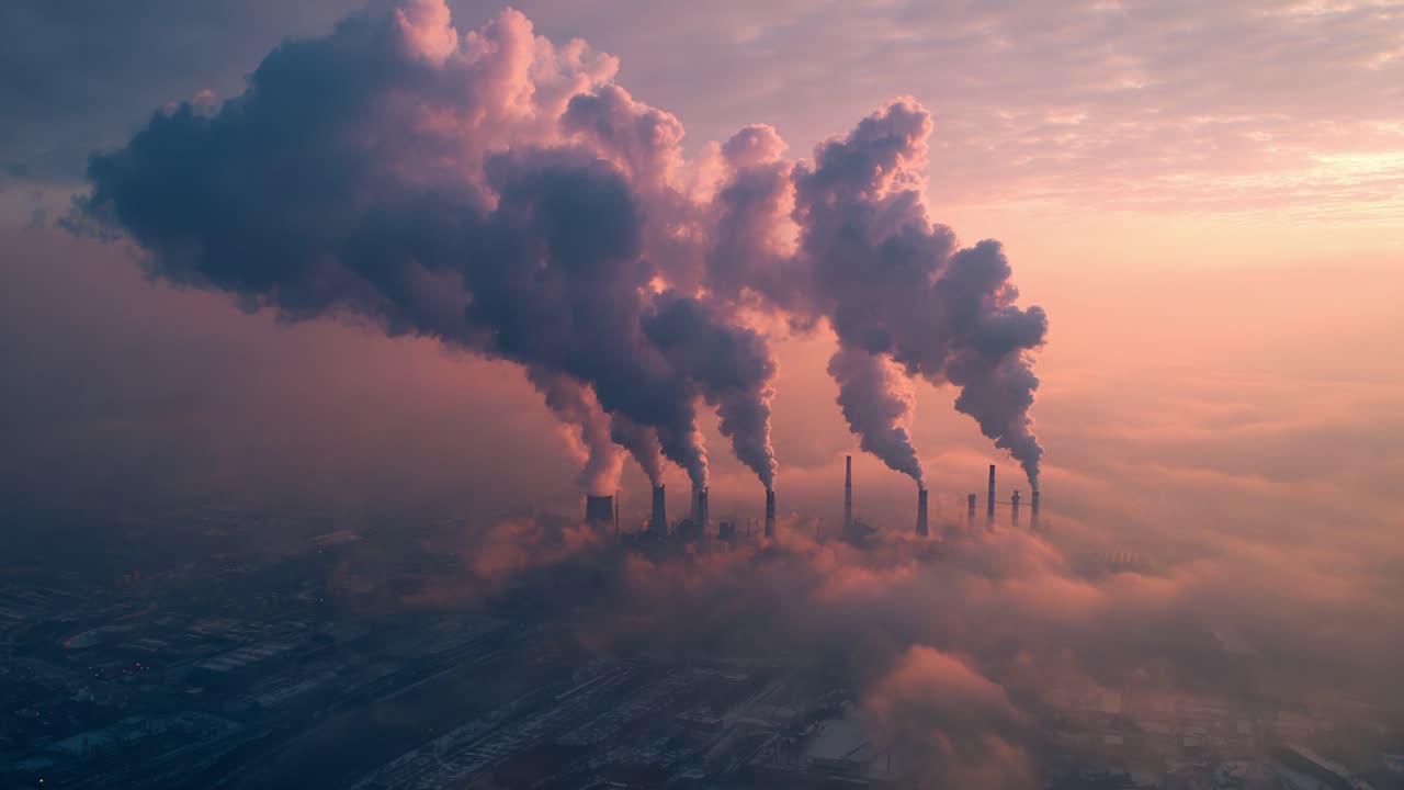 Aerial View of Industrial Smoke Stacks Emitting Thick Pollution in a Dramatic Sky During Sunrise, Highlighting Environmental Concerns and Urban Industrialization