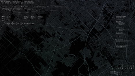 vista satelital hud futurista de la vigilancia del tráfico en cruces de autopistas ocupados que rastrean y monitorean el tráfico de la carretera para un posible vehículo objetivo