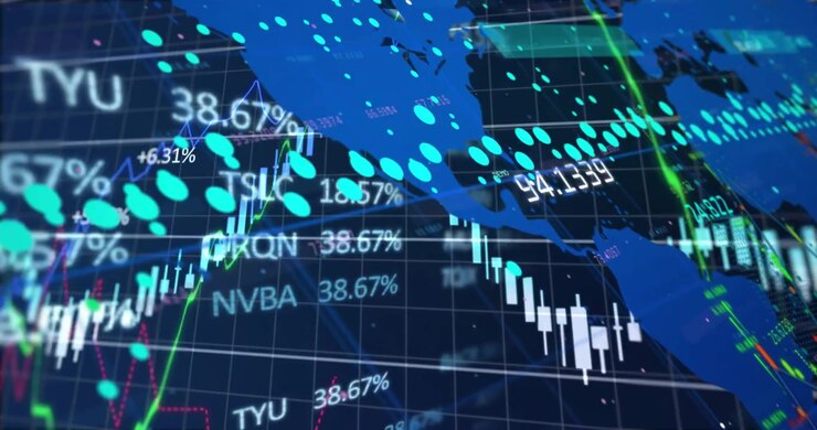 Data starting finance dashboard assembling, showing market moving with candles, turquoise waveform