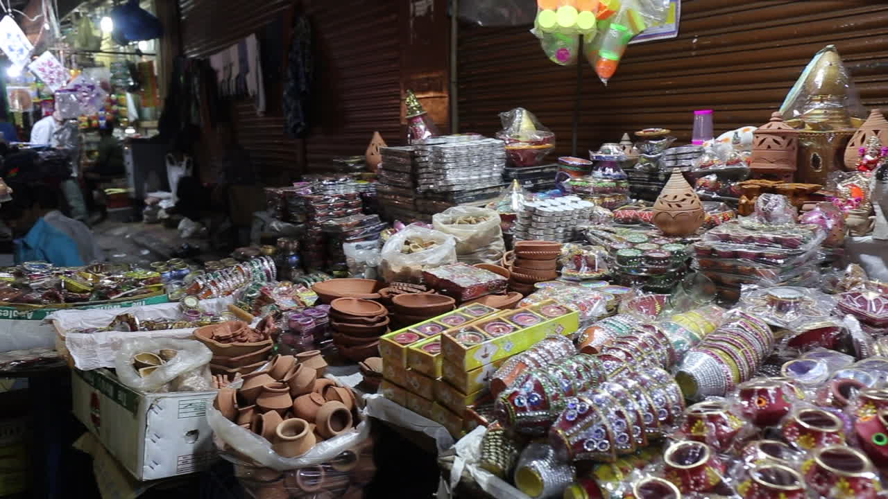 Decorative objects for diwali festival in a market, Mumbai, Maharashtra, India. October 23, 2019