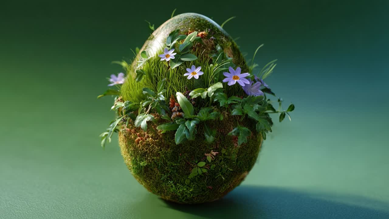 A Stunningly Crafted Green Egg Adorned with Lush Flowers and Verdant Plants, Capturing the Essence of Nature's Beauty in a Unique and Artistic Display