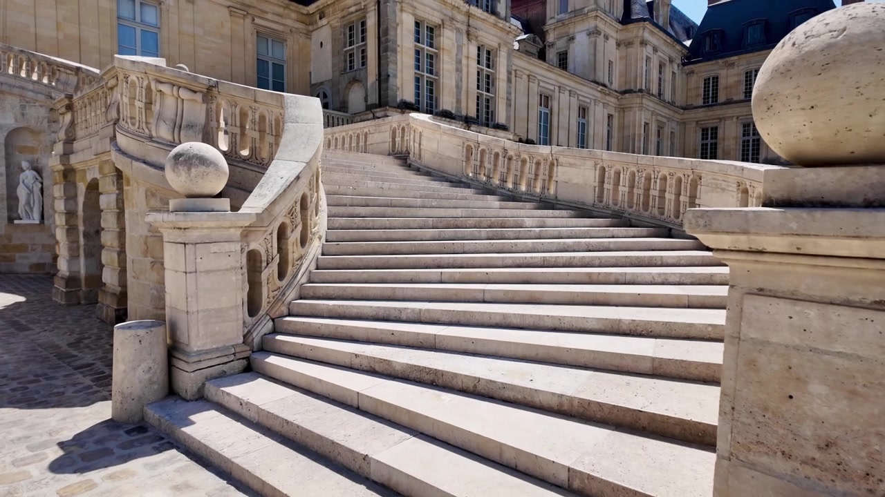 Historiskt renässanspalats med den ikoniska Hästskotrappan i Fontainebleau nära Paris, Frankrike.