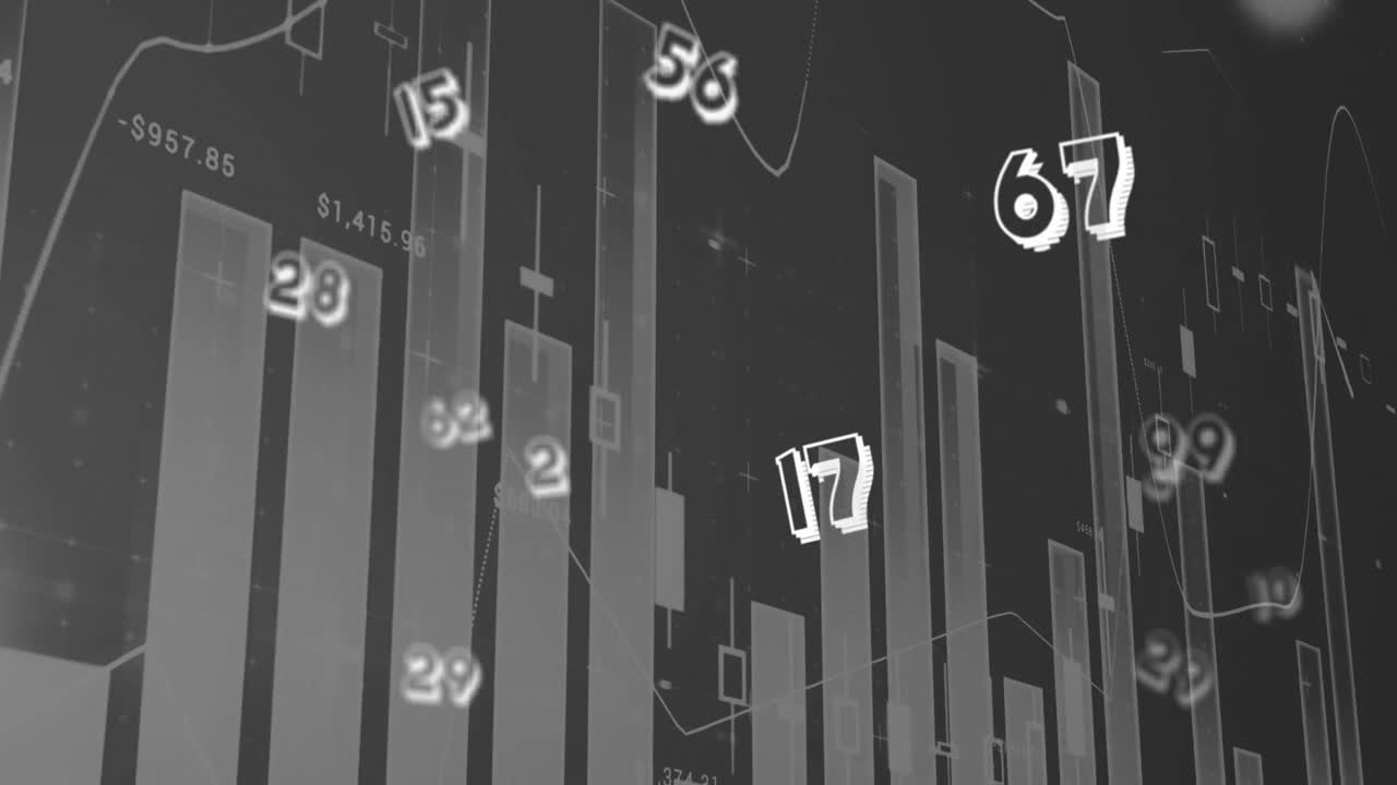 회색 배경에 금융 데이터 처리에 대비하여 떠다니는 여러 숫자의 디지털 애니메이션