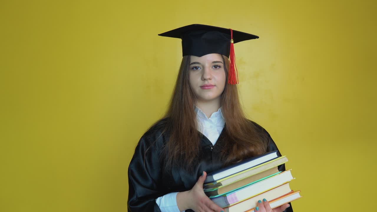 joven estudiante caucásica sostiene muchos libros mientras se queda frente a la cámara en fondo amarillo