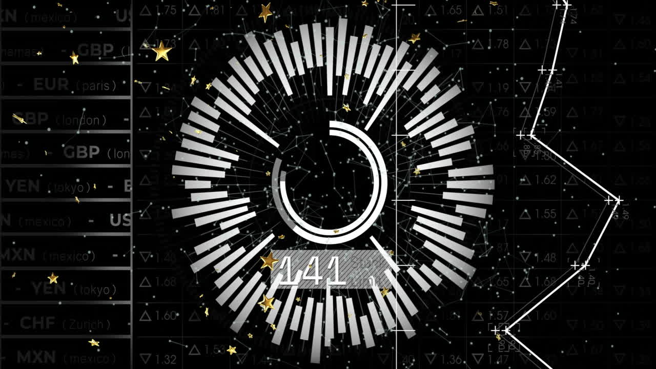 Circular bar graph animation over currency exchange rates and star patterns