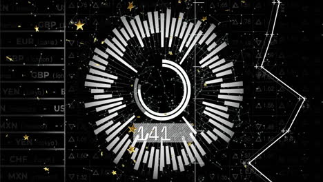 Circular bar graph animation over currency exchange rates and star patterns