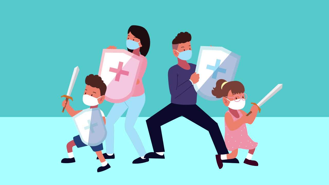 무기를 가진 가족 코로나19 예방 애니메이션