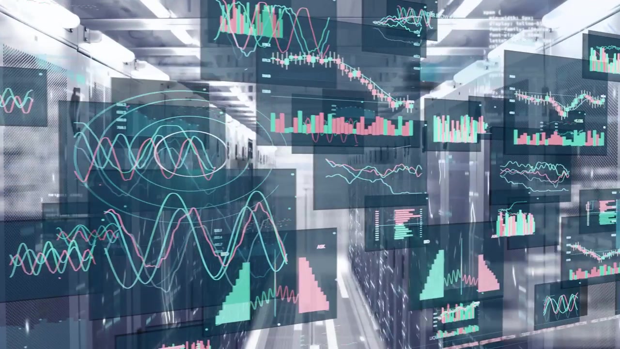 Camera moving down aisle, racks projecting teal or pink panels, charts animating, visualizing metric