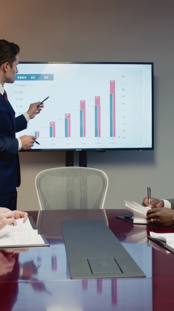 Vertical video: Entering suited speaker pointing at rising bars at table, showing rise, copy space