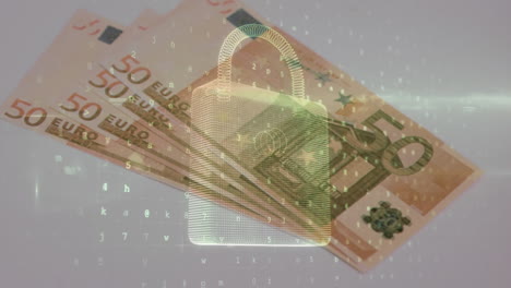 animation von zahlen und sicherheitsschloss über fallenden euro-banknoten