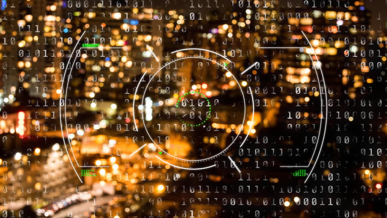 Binary code and data processing animation over city lights at night