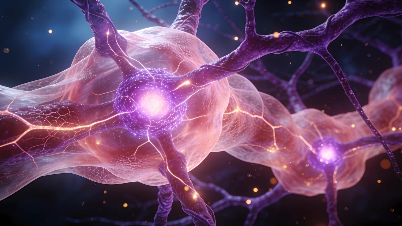 Brightening central neuron sending spikes along branches in micro nerve tissue, trailing gold dots