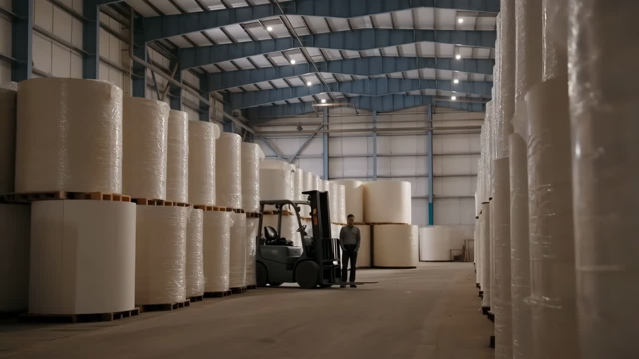 Man standing next to a forklift in a warehouse filled with large paper rolls
