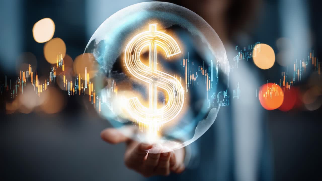 Et futuristisk perspektiv på finansiell vekst: Opplyst dollarsymbol som representerer rikdom, omgitt av datavisualiseringer og bokeh-bakgrunn