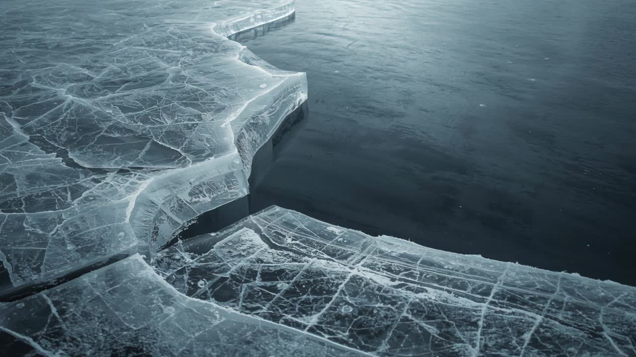 Camera shifting thick ice floes meeting dark rippled water at cold shoreline, revealing cracks