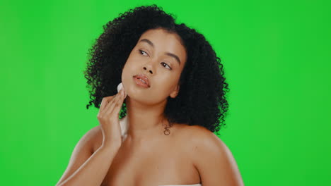 cotton pad, green screen and face of woman