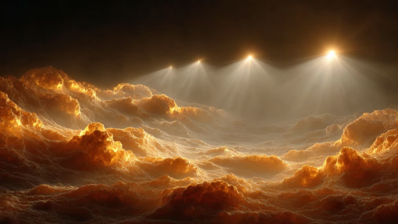 An Ethereal Display of Illuminated Clouds with Radiant Light Beams Piercing Through the Atmospheric Layers, Creating a Dreamlike and Mystical Scene